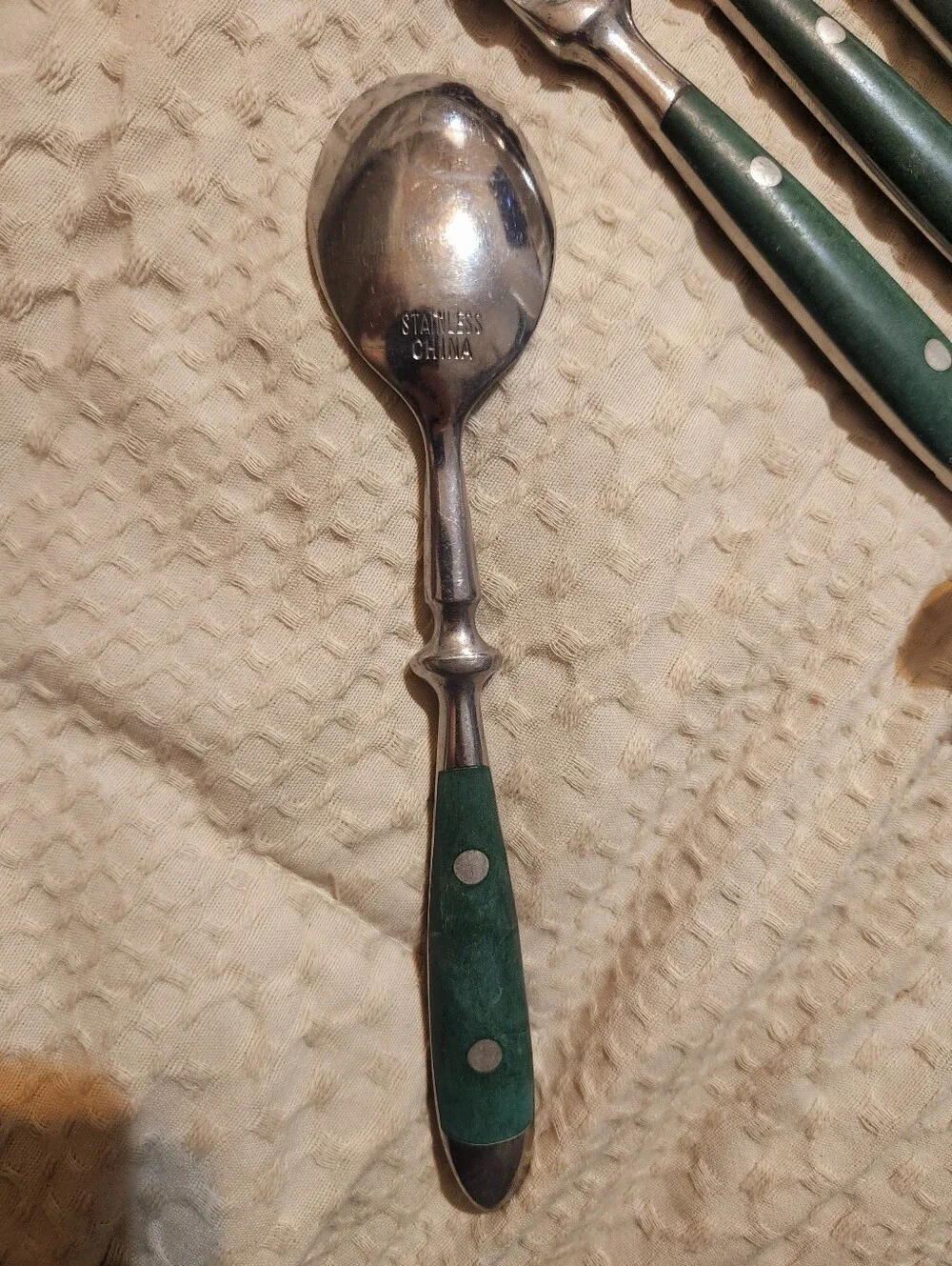 Vintage Chefs Bistro stainless steel flatware With Rivets And Green Handles